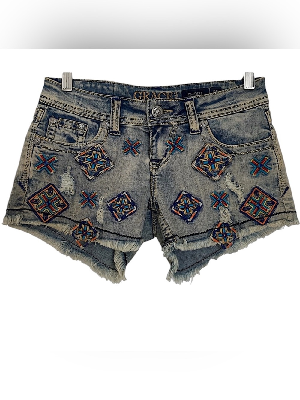 Grace In LA Women’s Blue Embroidered Distressed Jean Shorts Size 25 Boho Hippie